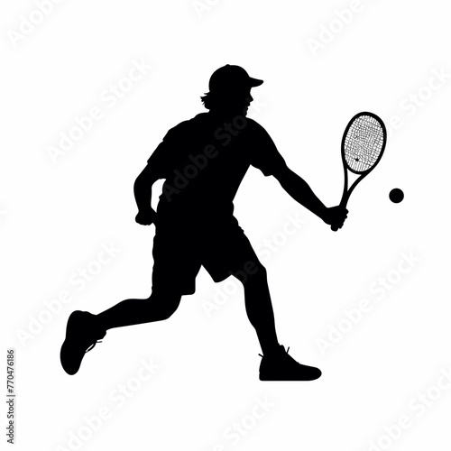 Tennis player black icon on white background. Male tennis player silhouette