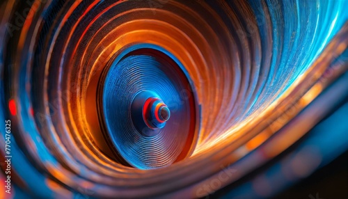 Abstract close-up of a speaker, featuring a blue and orange design with a swirling light