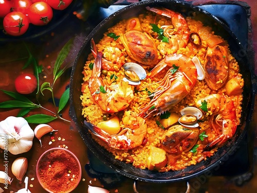 Traditional Spanish paella, brimming with succulent seafood