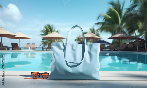 Black bag and sunglasses on the edge of swimming pool. 3d rendering