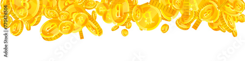 Bitcoin coins falling. Cryptocurrency scattered