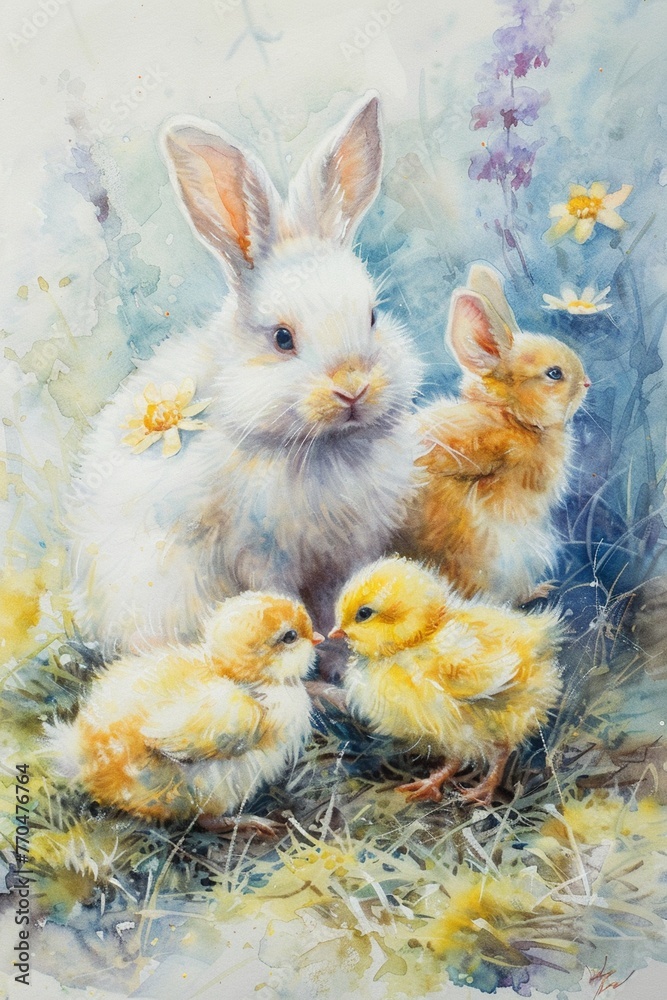 Fototapeta premium Fluffy bunnies playing with Easter chicks, soft watercolors, ground level, early morning light