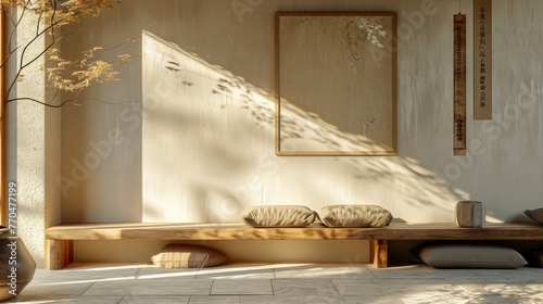 A cozy wooden bench Japanese style with brown pillows and a blank picture frame on a beige concrete wall. Traditional interior design
