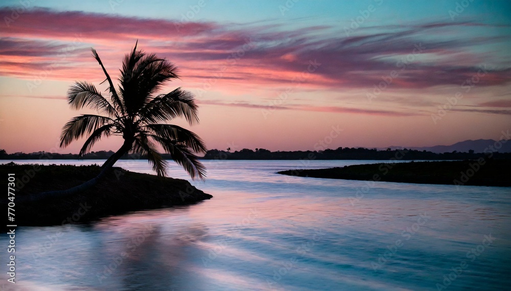 Find peace and tranquility on this beach with a silhouetted palm against a golden sunset