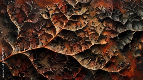 Digital illustration of an intricate earthtone pattern mimicking natural textures, inspired by nano photography of leaf surfaces