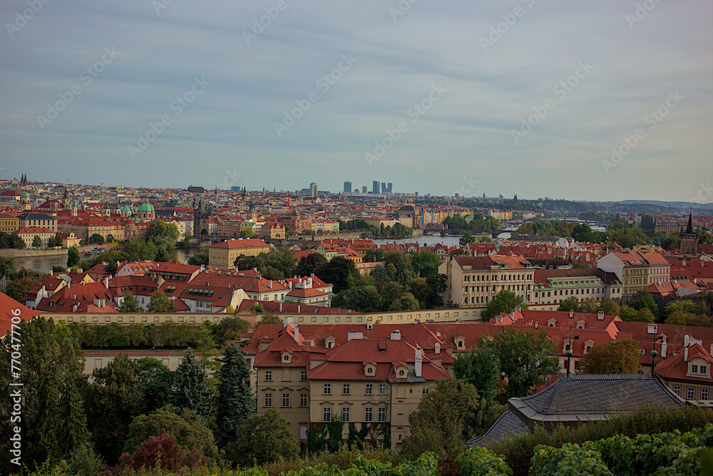 Panoramic view of the city of Prague from the observation deck. Streets and architecture of the old city. Romantic panorama of the city. Amazing nature, exquisite architecture and bustling life.
