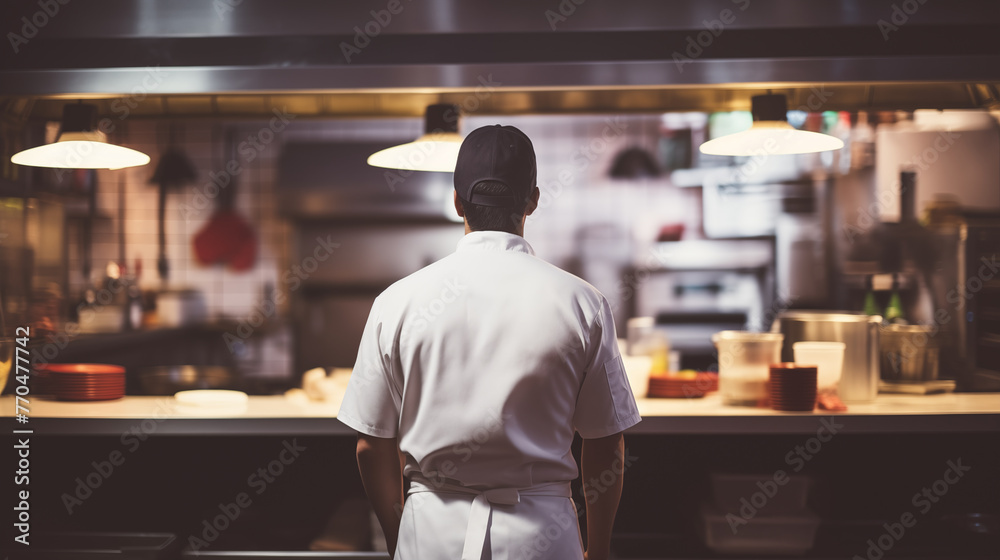 A chef standing with his back to the camera wearing a white chefs coat and a black cap looking at the kitchen