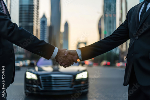 Professional handshake between two businessmen in suits in front of an upscale car in the city conveys partnership © Fxquadro