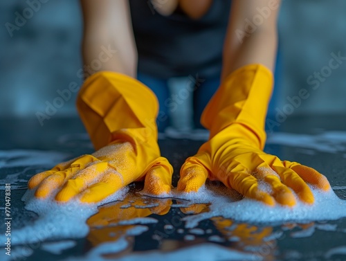 Cleaning with spray detergent, concept for hygiene. hands in gloves close up, housewife, woman polishing table top