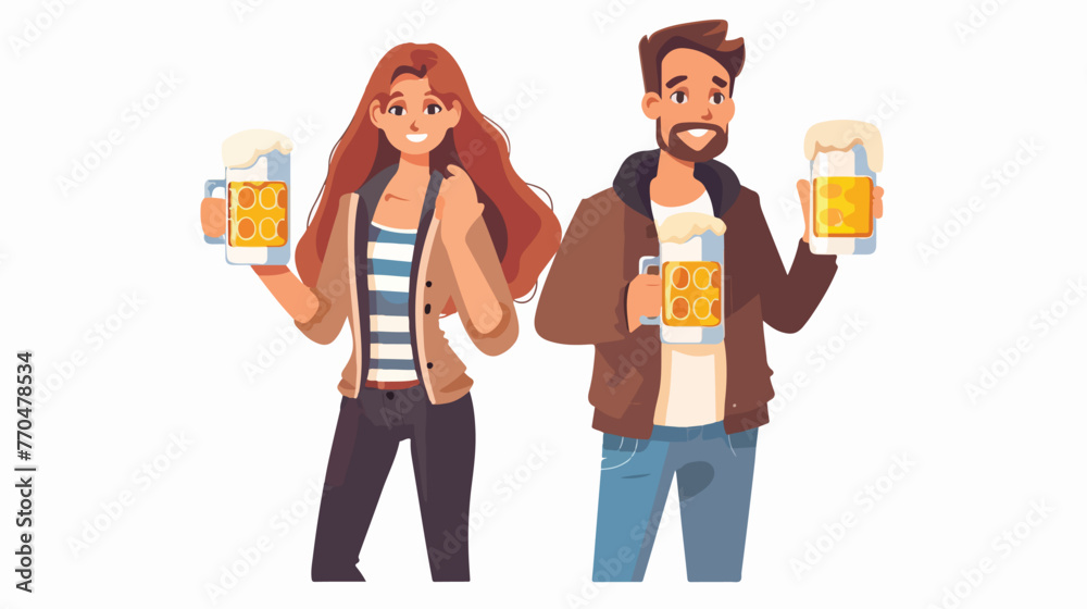 Woman with a beer. A man with a mug of beer. 