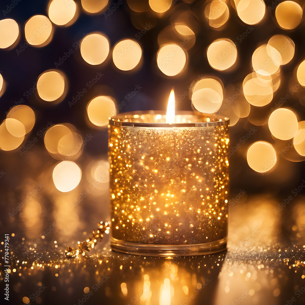 clear glittery candle cup with golden bokeh lights at background clear glittery candle cup with golden bokeh lights at background