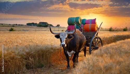 Golden light bathes a rural scene of a brown cow pulling a hay cart, with yoke and harness, creating a peaceful farmyard scene reminiscent of summer harvest time
