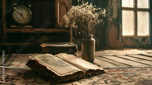 Photo album, dried flowers, antique wall clock. Vintage old timey effects looping 4k video animation background