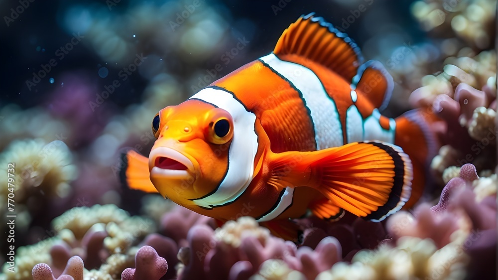 close-up of a stunning clown fish, also known as an anemonefish (Amphiprion ocellaris), swimming elegantly amid a vivid coral reef.