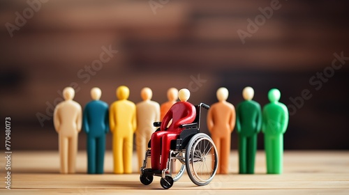 Wooden red figurine of a man in a wheelchair in front of line of multicolored figures. Inclusion concept. Equality and diversity concept