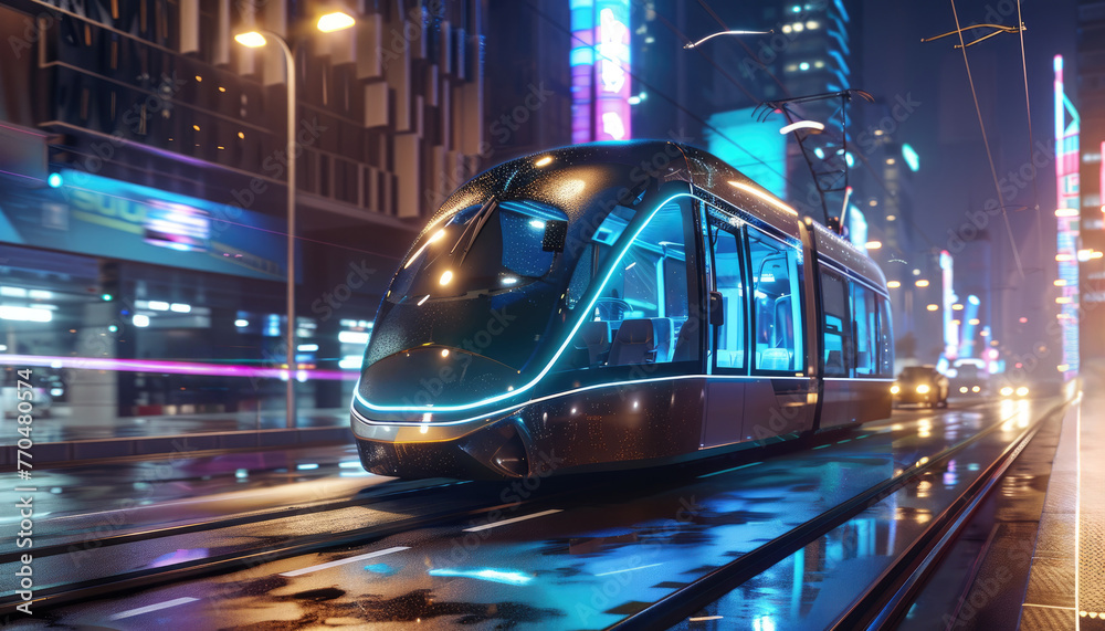 Futuristic city tram rides through the city by AI generated image Stock ...