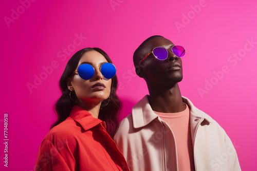 A man and a woman are standing in front of a pink wall, both wearing sunglasses. The sunglasses are black and blue