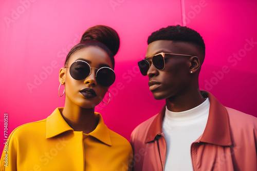 Two people wearing sunglasses and standing in front of a pink wall. The woman is wearing a yellow jacket and the man is wearing a red jacket