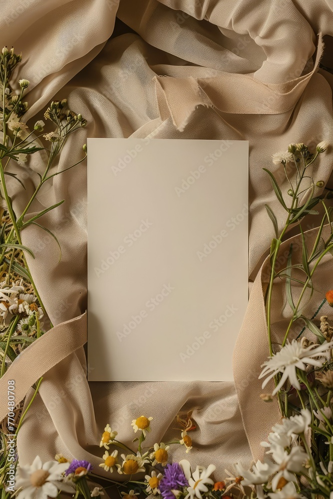 card mock-up, a blank A5 portrait card, with a beige ribbon slightly ruffled behind, several wildflowers naturally framing the card - obrazy, fototapety, plakaty 