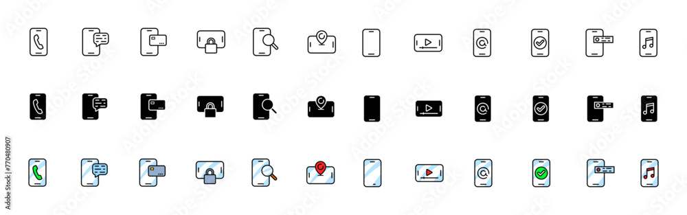 Smartphone icon collection. Phone icons. Linear, silhouette and flat style. Vector icons Smartphone icon collection. Phone icons. Linear, silhouette and flat style. Vector icons