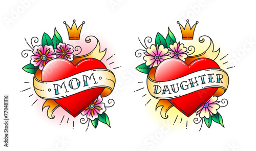 Set of Classic tattoo. Heart with flowers and ribbon with the words mom and daughter. Classic old school American retro tattoo. Vector illustration.