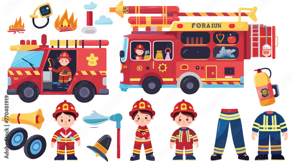 Vector color children fire engine with firefighter
