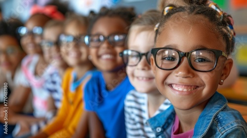 Smiling young students with eyeglasses sitting together, representing diversity and vision care in early childhood education.