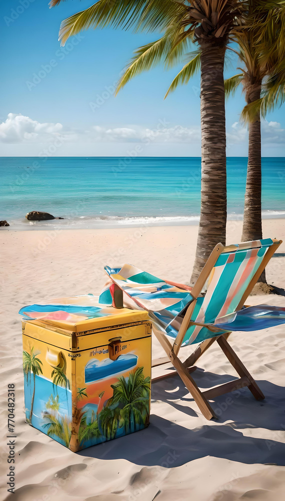 Beach setting with a chair, palm trees and a cool box