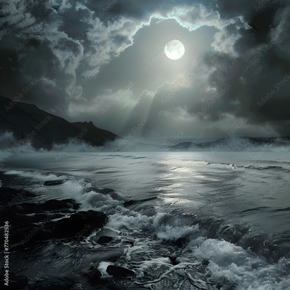 Captivating Moonlit Seascape with Crashing Waves and Dramatic Storm Clouds Casting a Mysterious,Atmospheric Glow over the Rugged Coastal Landscape