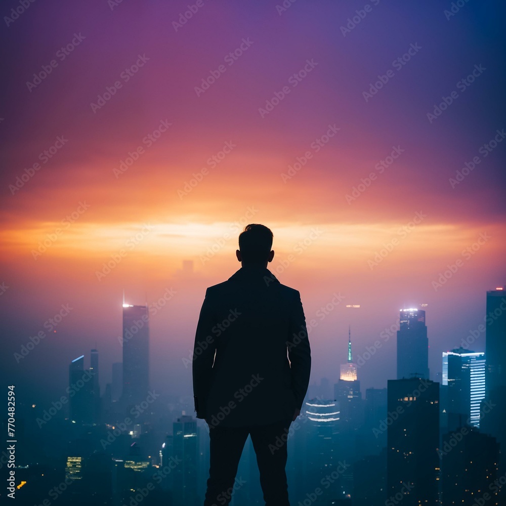 A man stands on top of a cityscape. Buildings at dusk, silhouettes of tall skyscrapers against the background of a bright sky. Generative AI A man stands on top of a cityscape. Buildings at dusk, silhouettes of tall skyscrapers against the background of a bright sky. Generative AI