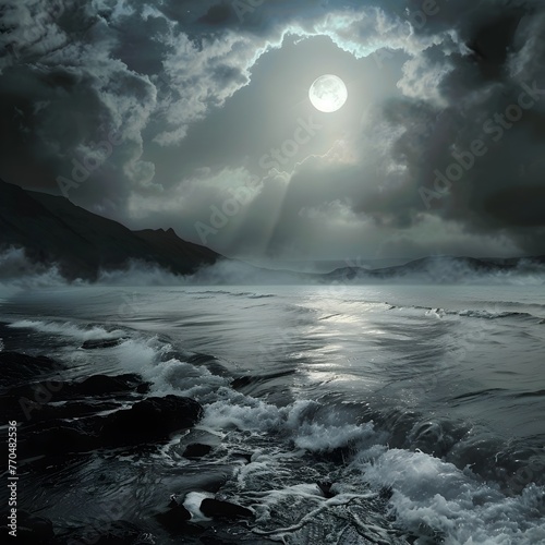 Captivating Moonlit Seascape with Crashing Waves and Dramatic Storm Clouds Casting a Mysterious,Atmospheric Glow over the Rugged Coastal Landscape © Mickey