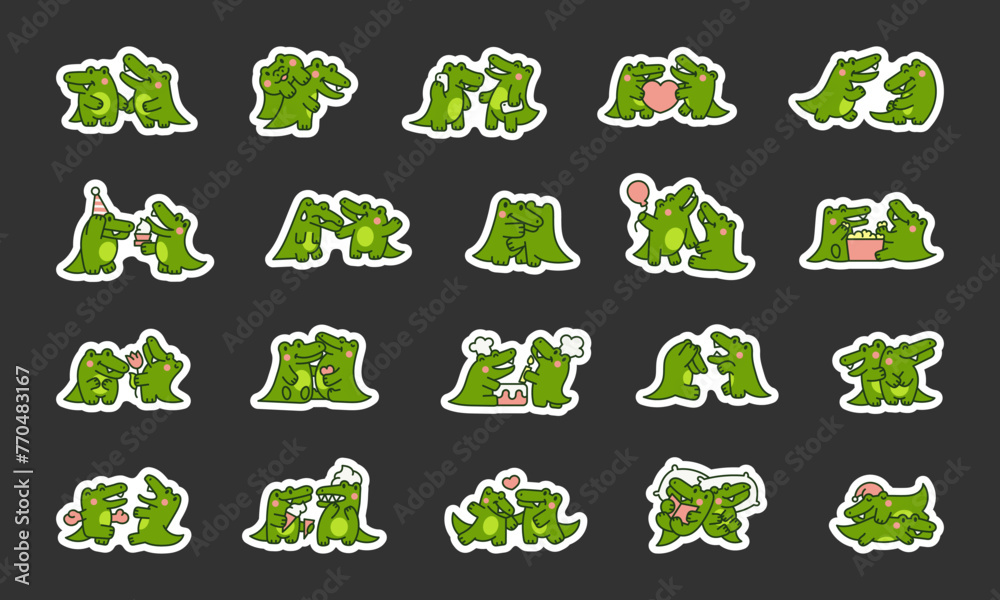 Obraz premium Cute couple crocodile characters. Sticker Bookmark. Funny friends alligator cartoon animal.