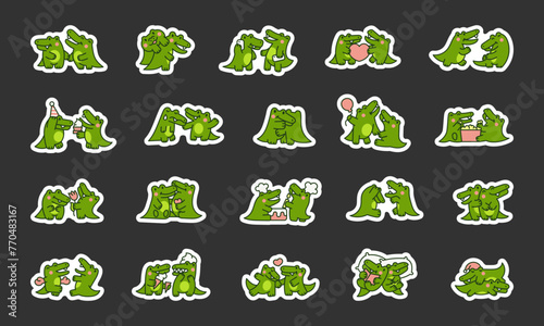 Cute couple crocodile characters. Sticker Bookmark. Funny friends alligator cartoon animal.