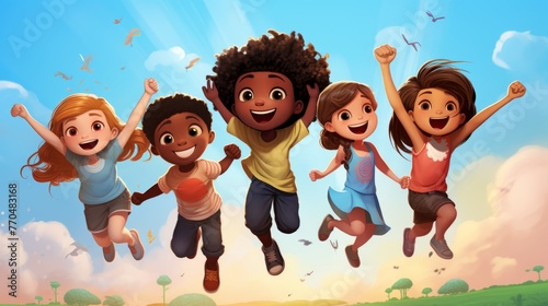 Children jumping for joy on the background of the globe on a green background. The concept of International Children's Day.	
