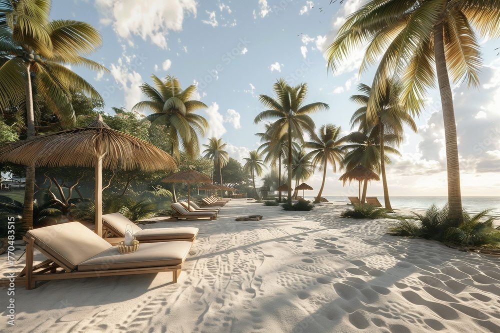 beach with palm trees, sunbed and sun beach with palm trees, sunbed and sun