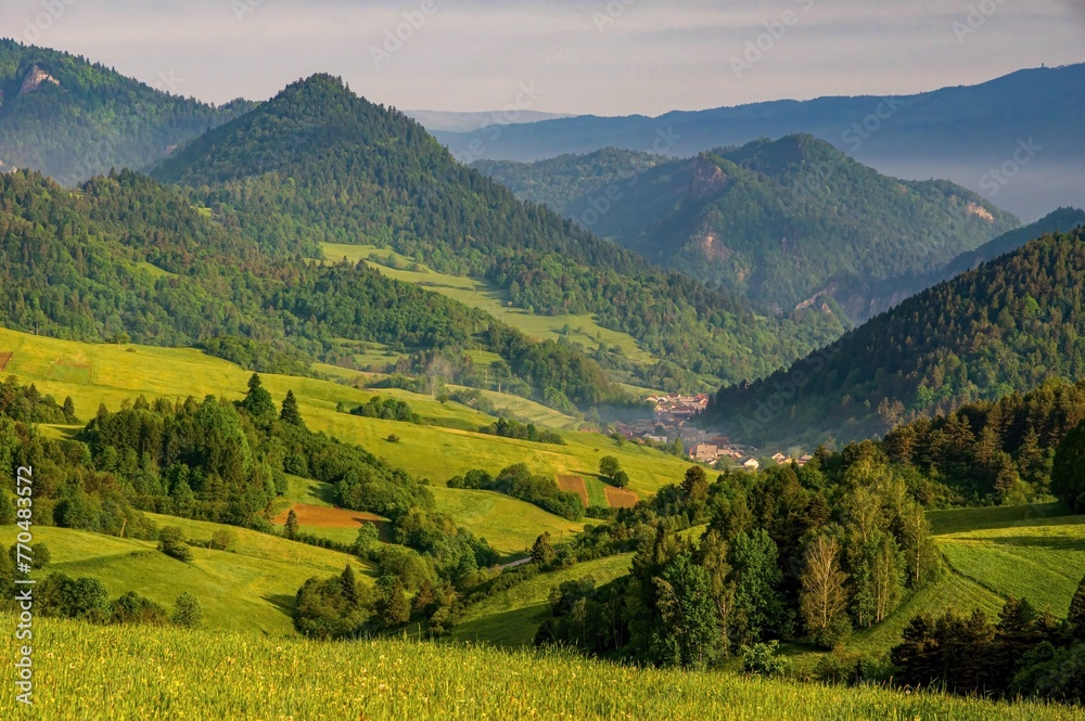 Spring View on Pieniny and Gorce mountain range in Beskids in Poland. Pieniny Mountains in the south of Poland. Located within the Pieniny National Park in Lesser Poland Voivodeship. Poland - Slovakia
