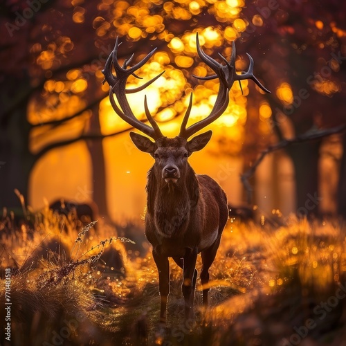 large magestic deer with big pointy antlers standing in a clearing at sun set  © Xabi