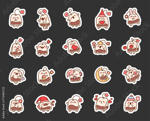 Funny tea bag with different emotions. Sticker Bookmark.