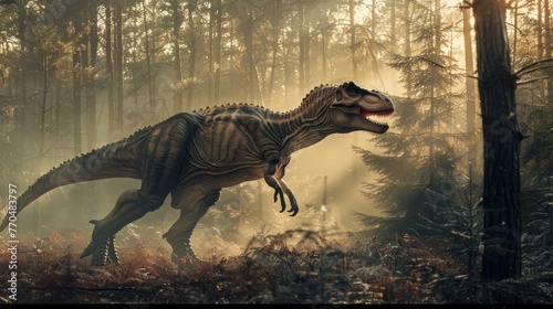 A large dinosaur is walking through a forest © esp2k
