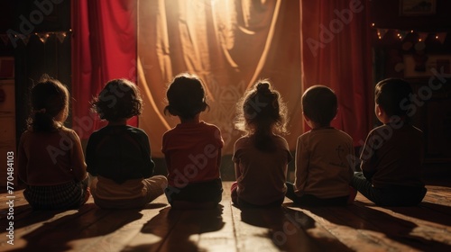 A group of children sit on the floor in a dark room, watching a play