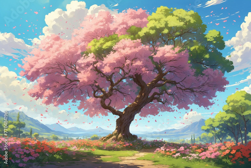 Shady trees with large trunks blowing in the wind during the day in spring with flowers blooming. In anime style