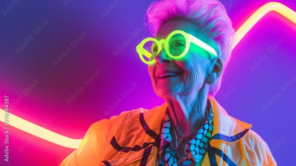 A radiant senior lady smiles in a neon light spectacle, with vibrant eyewear, showcasing a playful, age-defying spirit. A radiant senior lady smiles in a neon light spectacle, with vibrant eyewear, showcasing a playful, age-defying spirit.