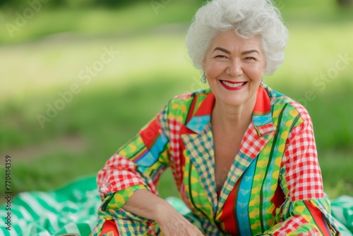 A radiant senior Caucasian woman sits outdoors, her joyful expression complementing her kidcore patterned jacket, evoking a sense of fun and nostalgia. photo