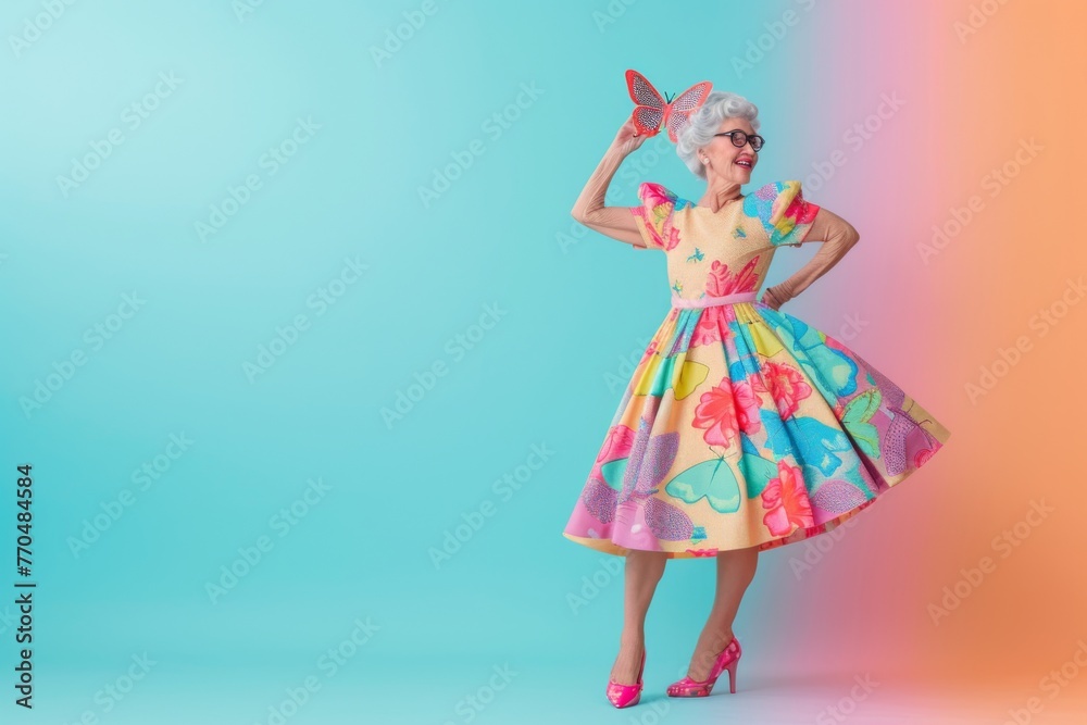 A senior lady twirls joyfully in a rainbow dress, her sparkling butterfly wings echoing the kidcore vibrancy of youth and playful fashion.