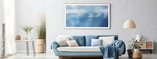 Blue living room interior with blue sofa and blue wall. 3d rendering © Ilham