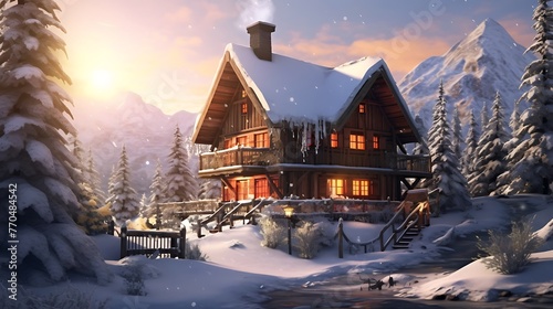 an image that showcases the magic of winter, with an AI-crafted depiction of a charming chalet surrounded by awe-inspiring snow-covered mountains