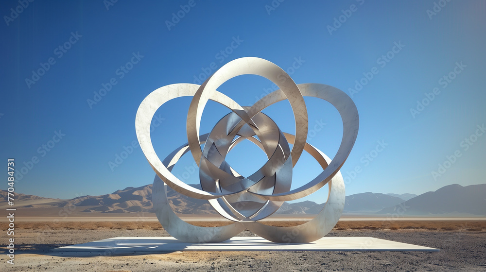 Abstract sculpture and building in the desert. Realistic mysterious extraterrestrial landscape from another planet	 - obrazy, fototapety, plakaty 