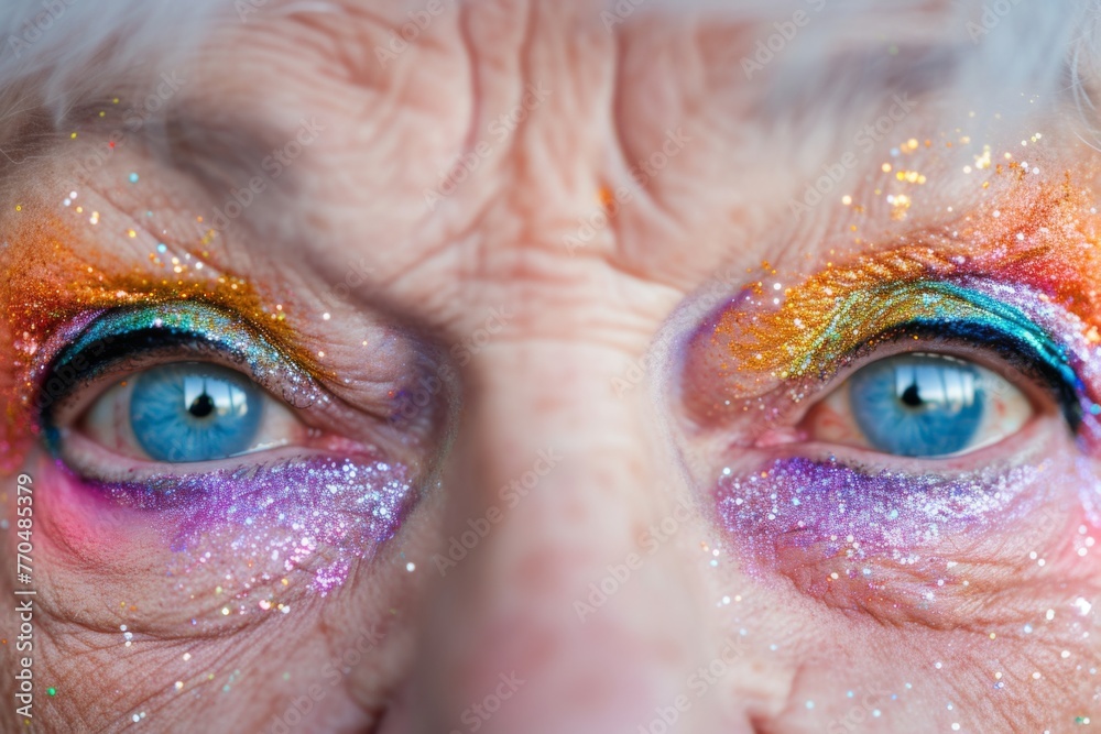 A senior's eyes, twinkling with glitter and rainbows, tell silent tales of wonder, mirroring the vibrant hues of a life lived in vivid color. A senior's eyes, twinkling with glitter and rainbows, tell silent tales of wonder, mirroring the vibrant hues of a life lived in vivid color.