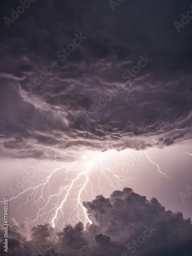 Stormy sky with lightning and thunderclouds. Nature background.
