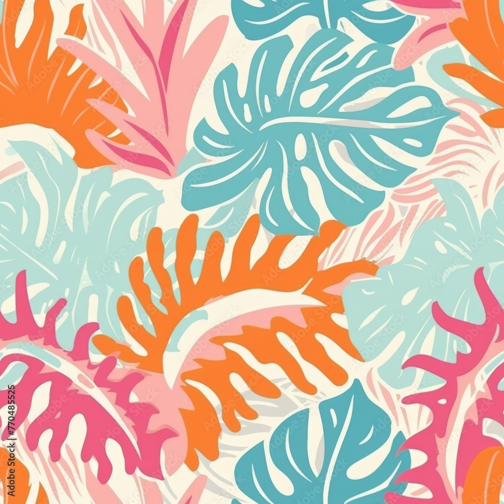 Cheerful pastel hues and tropical leaves converge in this playful, abstract pattern perfect for spirited designs.